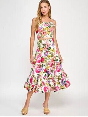Katia Rae Floral Tiered Maxi Skirt M Botanical Pink Cottagecore $159